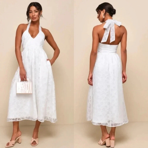 Lulu's Delicate Sweetness White Floral Burnout Midi Dress With Pockets M NWOT - Picture 1 of 12